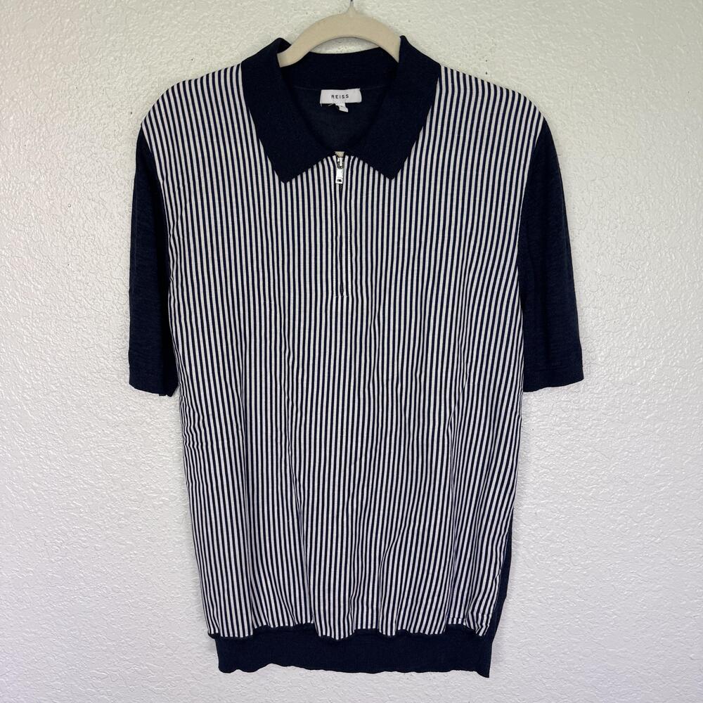 Reiss Polo Shirt Mens Medium Striped Knit Half Zip Linen Blend Lightweight Blue